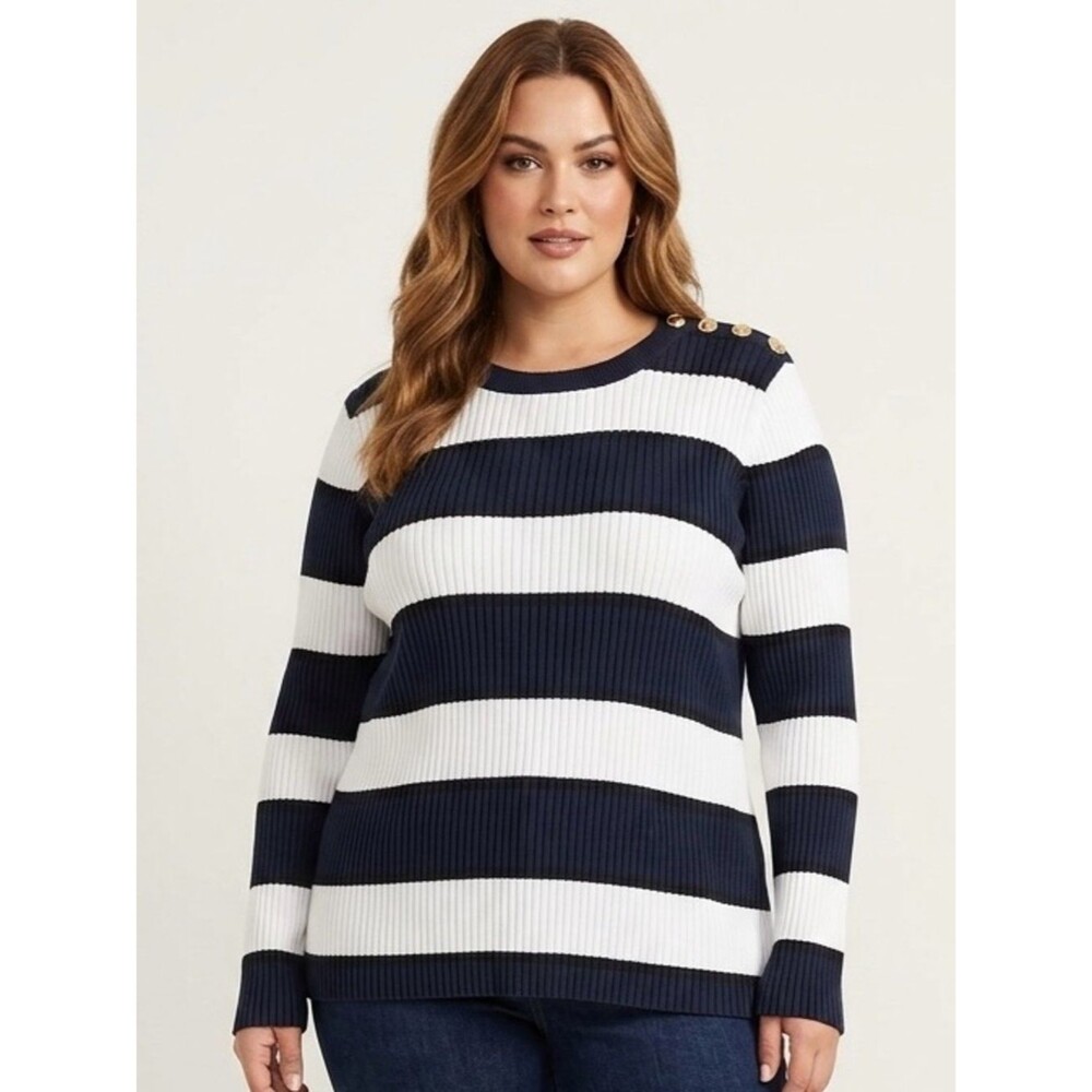 Eloquii Striped Nautical Preppy Ribbed Sweater Gold Buttons Navy White SZ 22/24